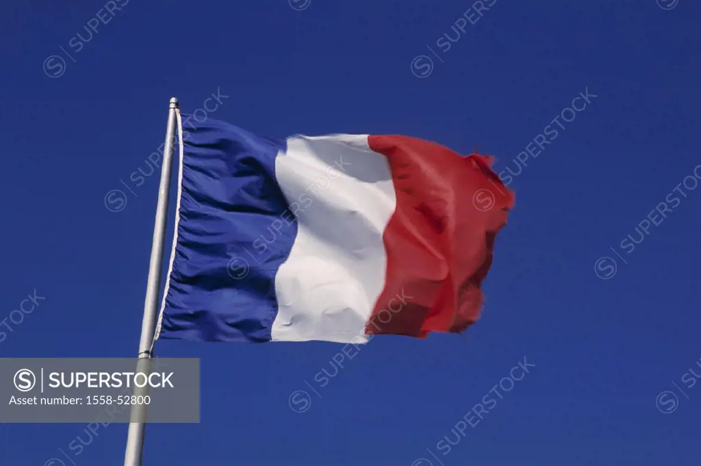 Flagpole, ensign, France,´ Tricolore´ national flag, ensign, national colors, wind, blows,product shot, outside
