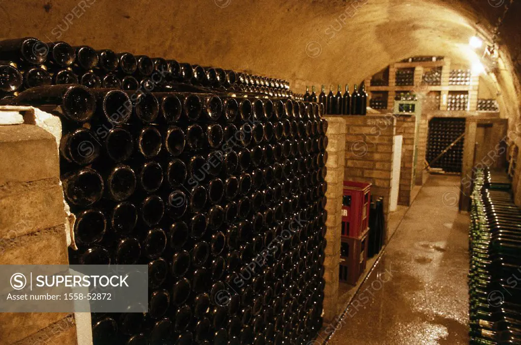 Wine cellars, shelves, bottles, indoors, Austria, Niederösterreich, Wachau, Krems, cloister, cellars, wine, storage, camp cellars, ripening, economy