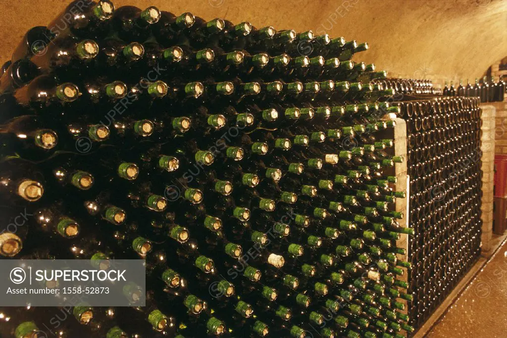Wine cellars, shelves, bottles, indoors, Austria, Niderösterreich, Wachau, Krems, cloister, cellars, wine, storage, camp cellars, ripening, economy
