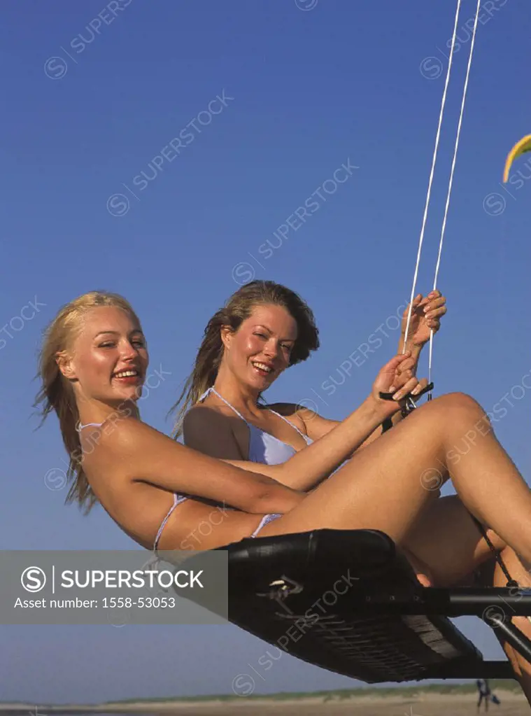 Catamaran, women, blond, bikini, sit, trapeze, at the side, summer, outside, vacation, leisure time, sport, water sport, sailing, double torso boat, s...