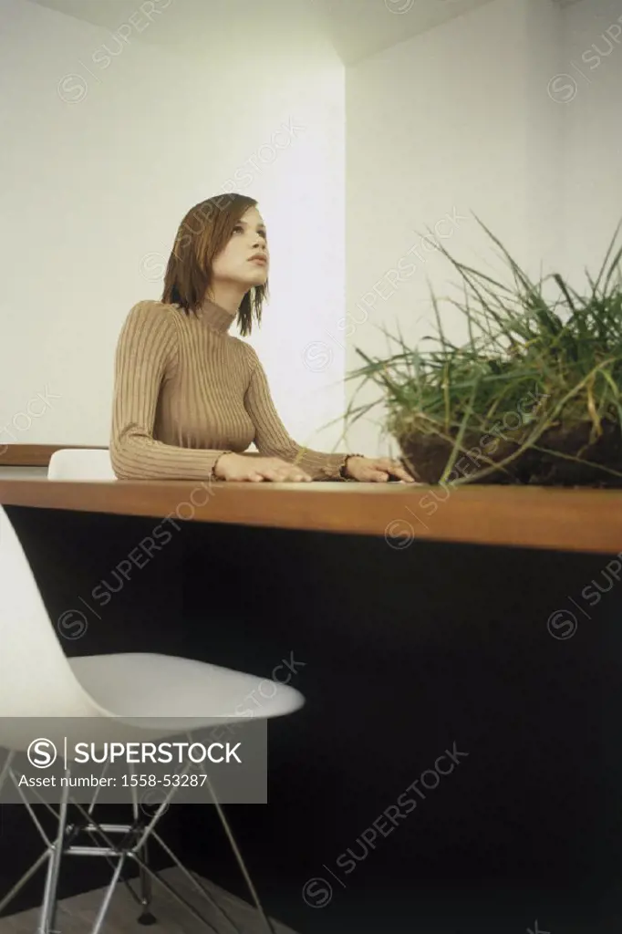 Conference area, woman, table, gaze, upwards, thoughtfully, grass, indoors, office Office young, intently, concentration, brainstorming, inspiration, ...