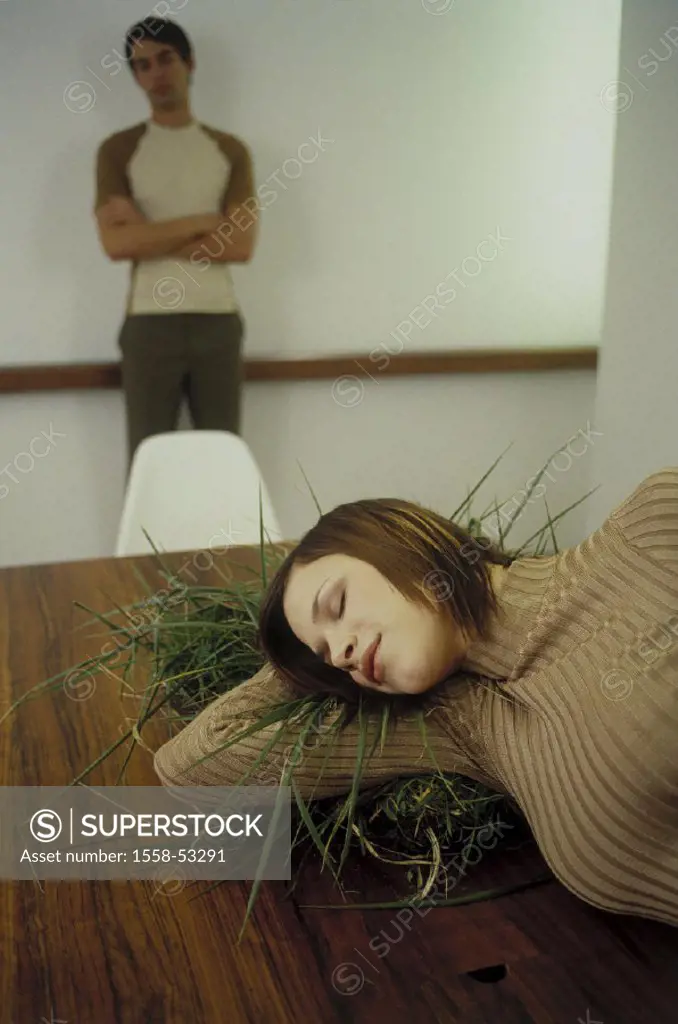 Table, grass, woman, sleeps, detail, man, gets along, away from, fuzziness, indoors, couple conflict dispute, averts, recovers wearily, tiredness, rec...