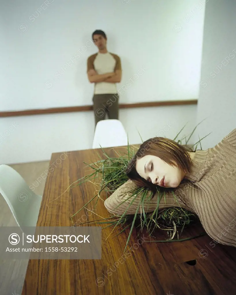 Table, grass, woman, sleeps, detail