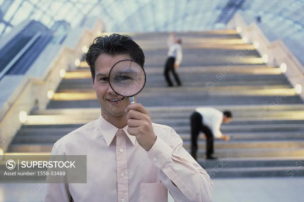 Stairway, men, magnifying glasses, search, observation, business, businessmen, colleagues, competitors, interest, curiosity, controls, control, checks...