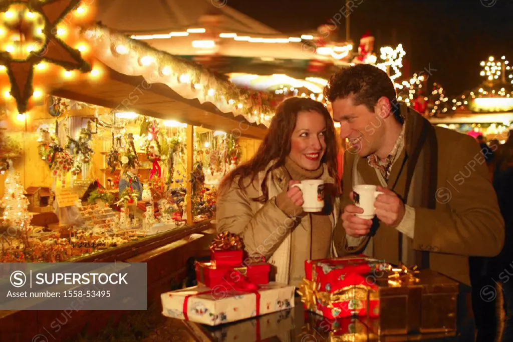 Christmas market, pair, cups, mulled wine,