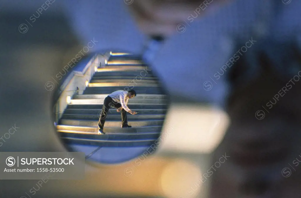 Magnifier, stairway, man, magnifying glass, search, observation, business, businessmen, businessman, detail, colleagues, competitors, interest, curios...