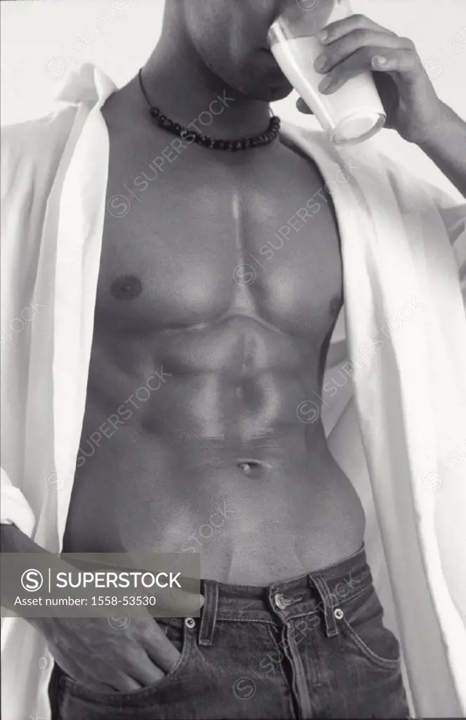 Man, shirt open, topless, milk, drinks, detail, b/w, interior, young, well-trained, muscular, muscles, masculine, suntaned, stomach muscles, ´ Sixpack...