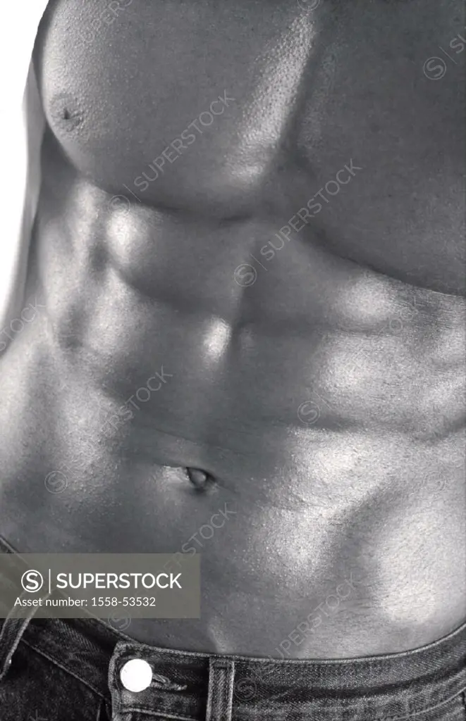 Man, shirt open, topless, detail, b/w, interior, young, well-trained, muscular, muscles, masculine, suntaned, stomach muscles, ´ Sixpack´, stomach, br...