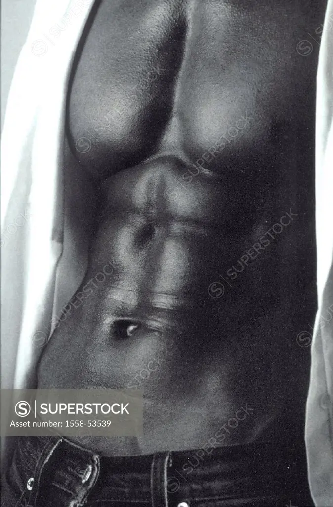 Man, shirt open, topless, detail, b/w, interior, young, well-trained, muscular, muscles, masculine, suntaned, stomach muscles, ´ Sixpack´, stomach, br...
