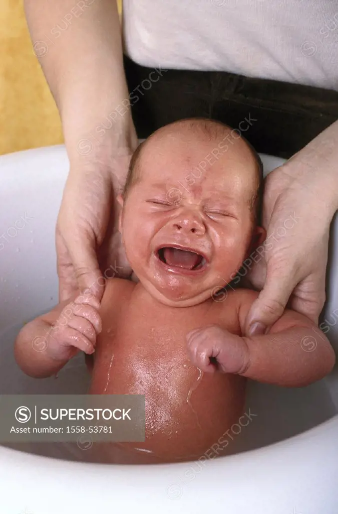 Mother, infant, bathing, cries, detail, woman, toddler, child, baby, ages, 3 months, boy, personal hygiene, body hygiene, hygiene, care, tub, water, c...