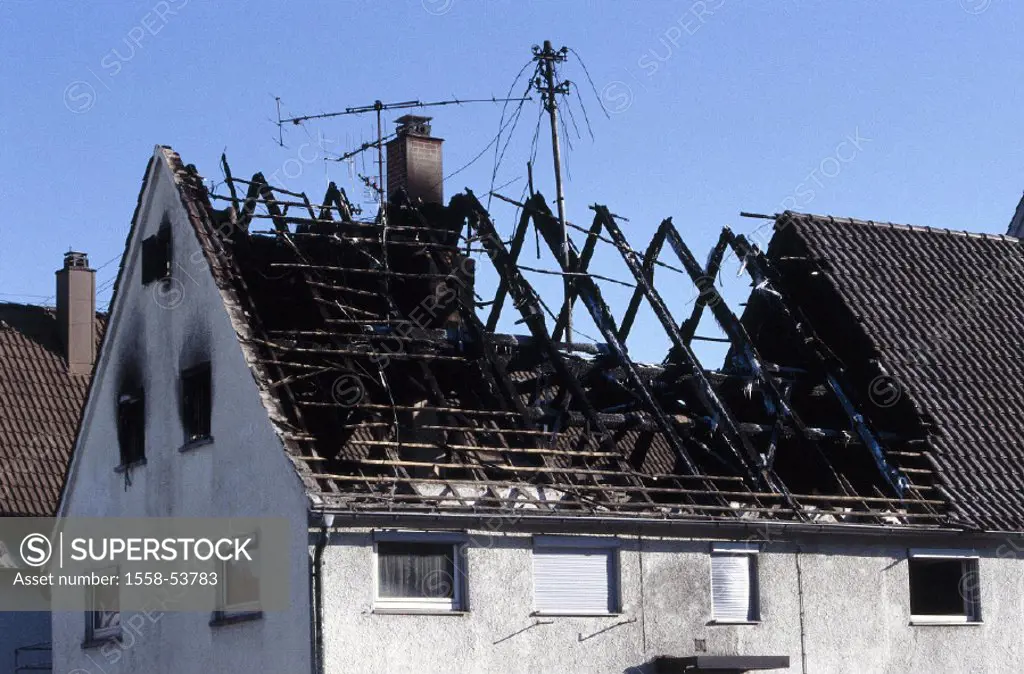 Residence, roof frame, house, burned down, building fire, fire, fire damage, accident, fires, fire disaster, house fire, fire damages, destruction, ro...