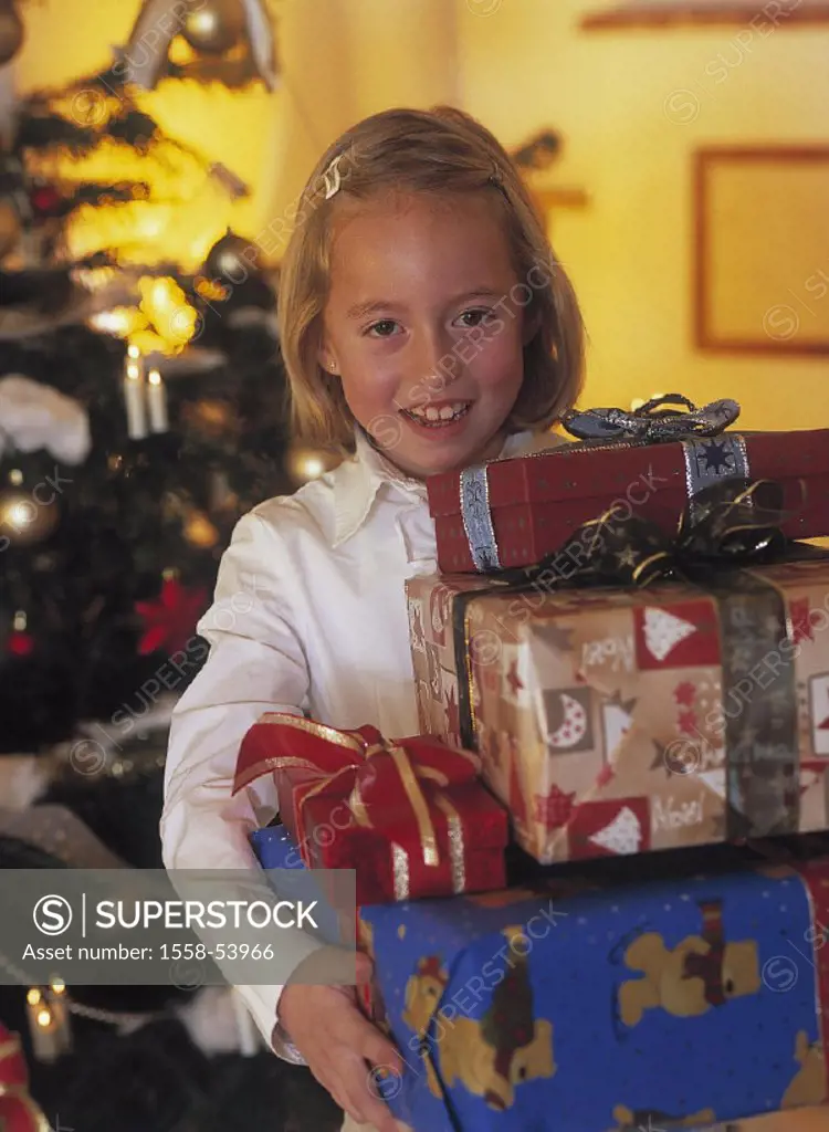 Christmas, girls, gifts, half portrait, Christmas Eve, child, packet, Christmas gifts, many, childhood, joy, cheerfully, expectant, Christmas-like, Ch...