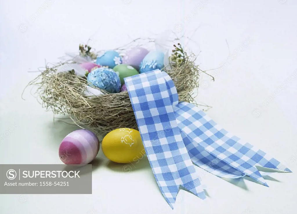 Easter, Easter nest, Easter eggs, Eastertime, eggs, colorfully, paints, decorates, nest, feathers, bow, Easter decoration, decoration, still life, stu...