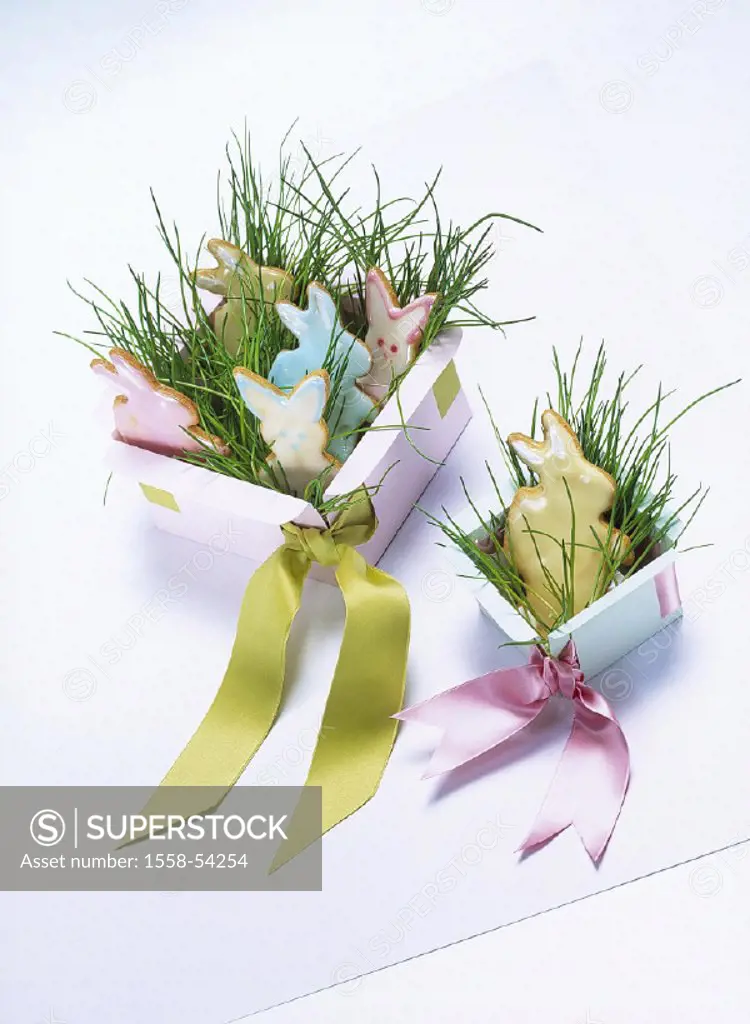 Easter, pastries, Eastertime, Easter decoration, decoration, carton, two, bows, grass, places, Easter bunnies, still life, studio