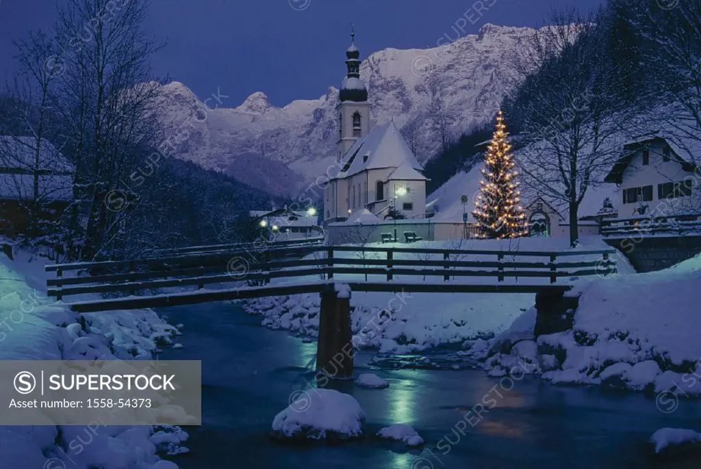 Germany, Bavaria, Ramsau, city view, brook, bridge, church, Christmas tree, winters, evening, Europe, Berchtesgaden country, tourist center, parish ch...