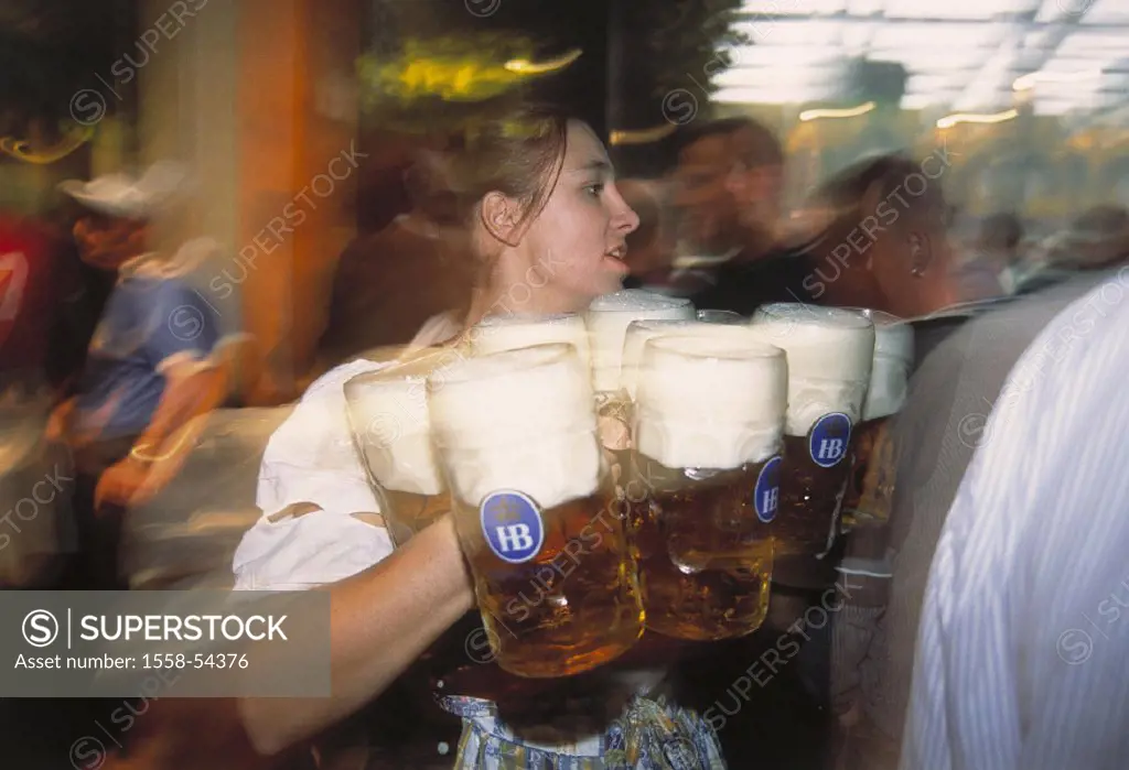 Germany, Bavaria, Munich, Oktoberfest, Hofbräuzelt, waitress, beer mugs, Europe, Upper Bavaria, Theresienwiese, Wiesn, festival, hall, beer tent, woma...