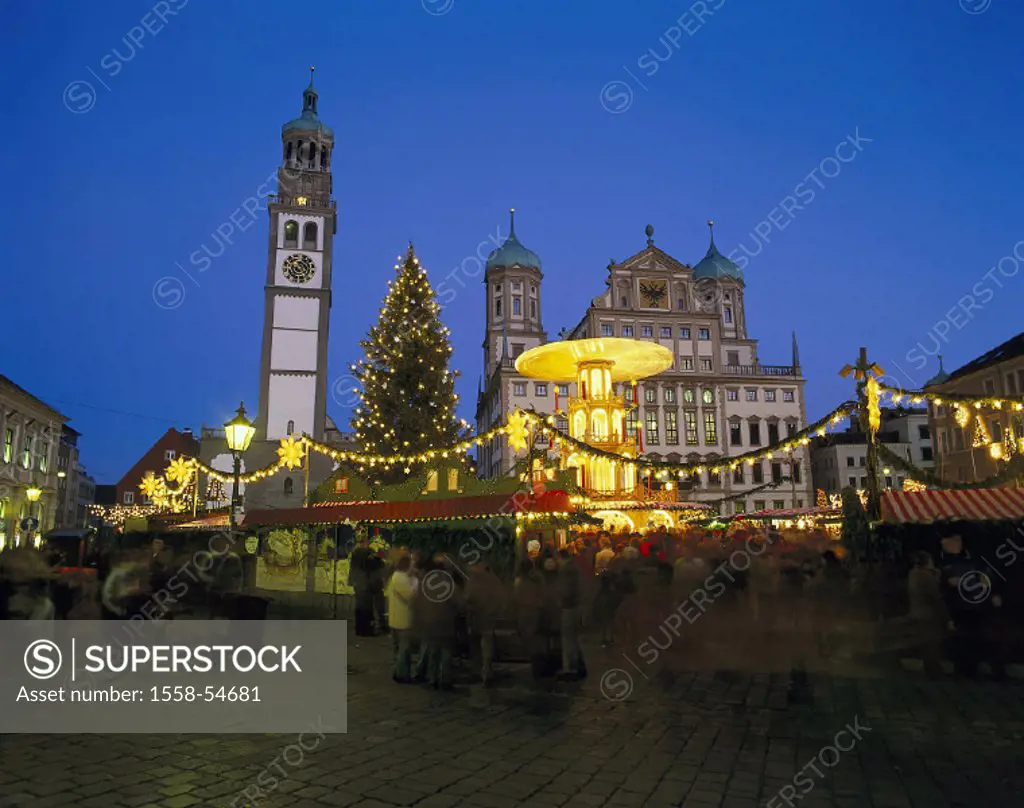 Germany, Bavaria, Augsburg,Rathausplatz, Christmas market, town hall, Perlachturm, evening, Swabia, Augsburger Christkindlesmarkt, Christmas, Advent t...