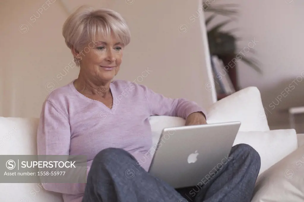 Sofa, senior, laptop