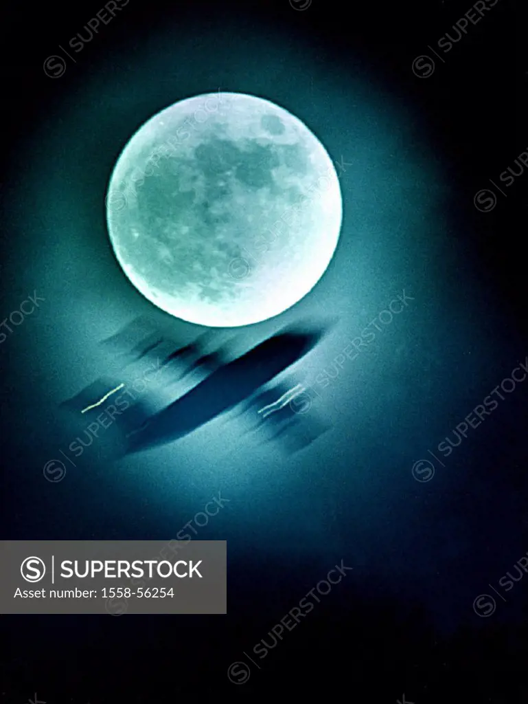 Night sky, full moon, airplane