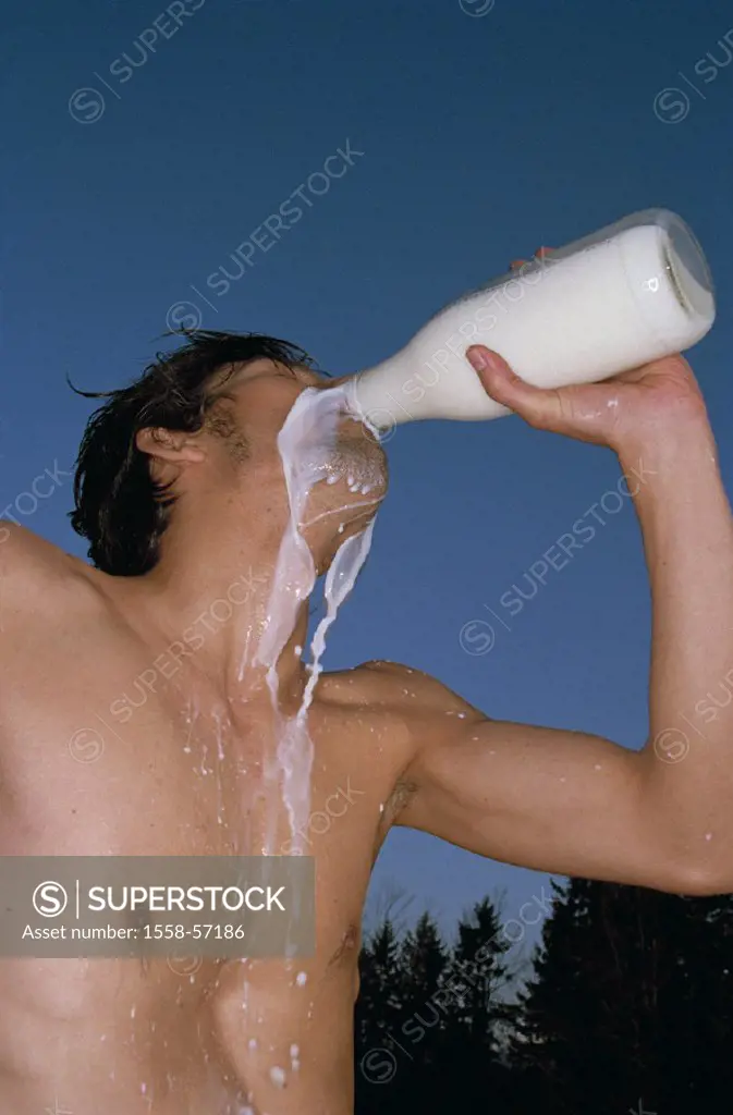 Man, young, topless, milk drinks