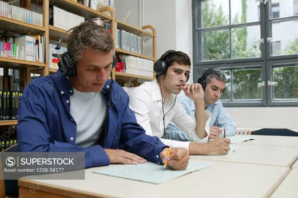 Study, men, headphones