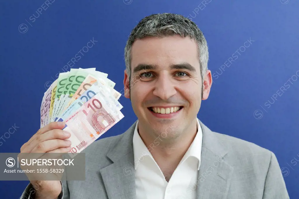 Man, holds cheerfully, bills