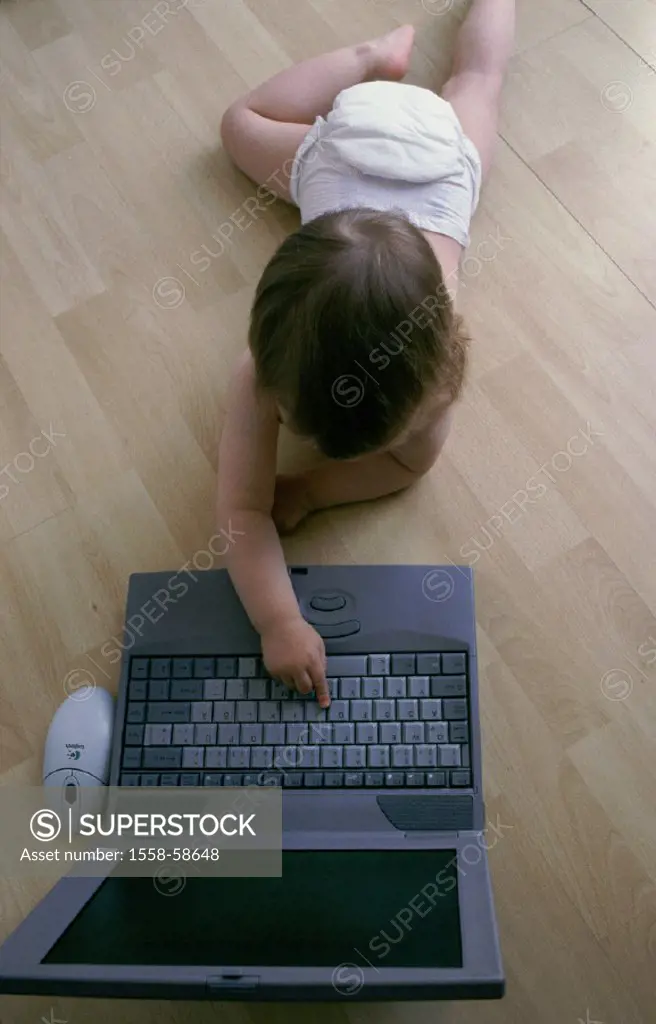 Floor, baby, diaper, laptop