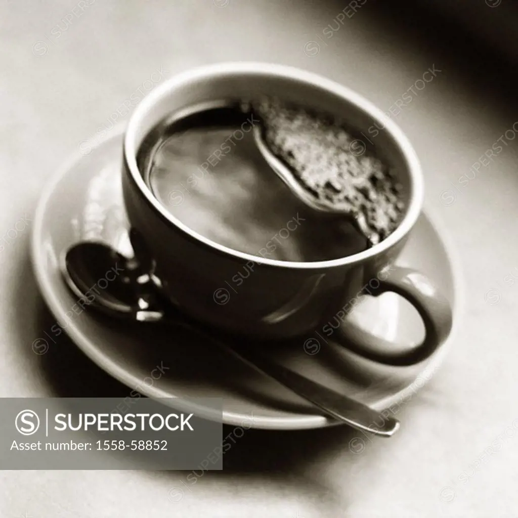 Coffee cup, s/w sepia,   Cup, saucer, dishes, spoon, coffee spoon, coffee, beverage, hotly, enlivens, caffeine, caffeine-containing, hot beverage, inf...