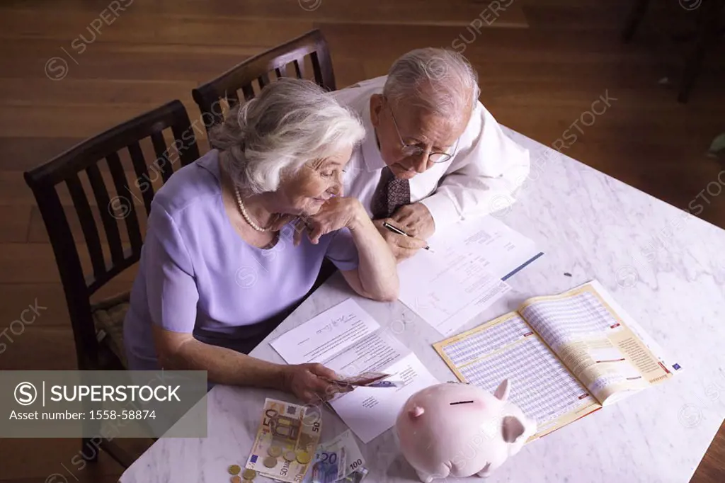 Senior pair, bills, piggy bank,  Records, information, shares,  Investment, from above Pair, seniors, together, pension, savings, spared, re-counts, e...