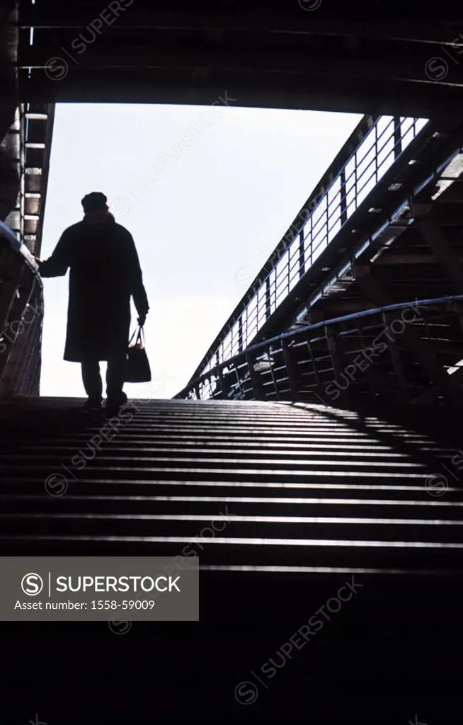 France, Paris, subway, stairways,,  Silhouette, senior, bag, back light,  BT, stairway ascent, steps, man, handrail, holds, stairway increases, effort...