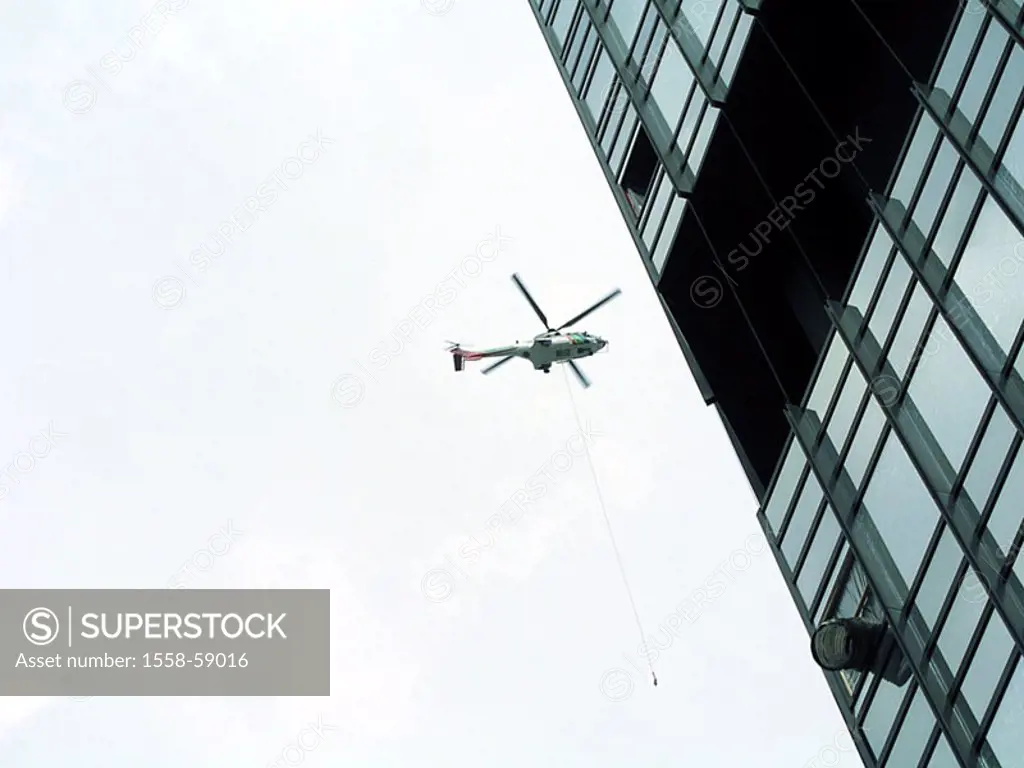 High-rise, facade, detail, Weighs helicopters, from below  Skyscrapers, office buildings, helicopters, helicopters, helicopter flight, fly loads,  Tra...