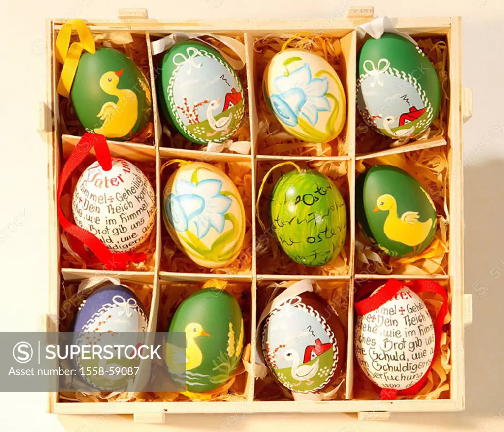 Easter, wood box, storage, Easter eggs, colorfully, hand-paints, from above  Easter, Eastertime, custom hood, Easter custom hood, tradition, assortmen...