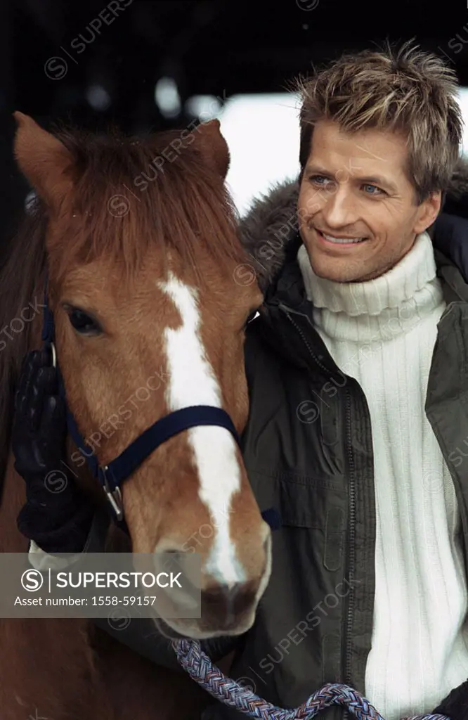 Man, horse, reins, holds, smiles,  Half portrait  blond, 33 years, of course, hobby leisure time, riders, rides animal, affection touch animal friend ...