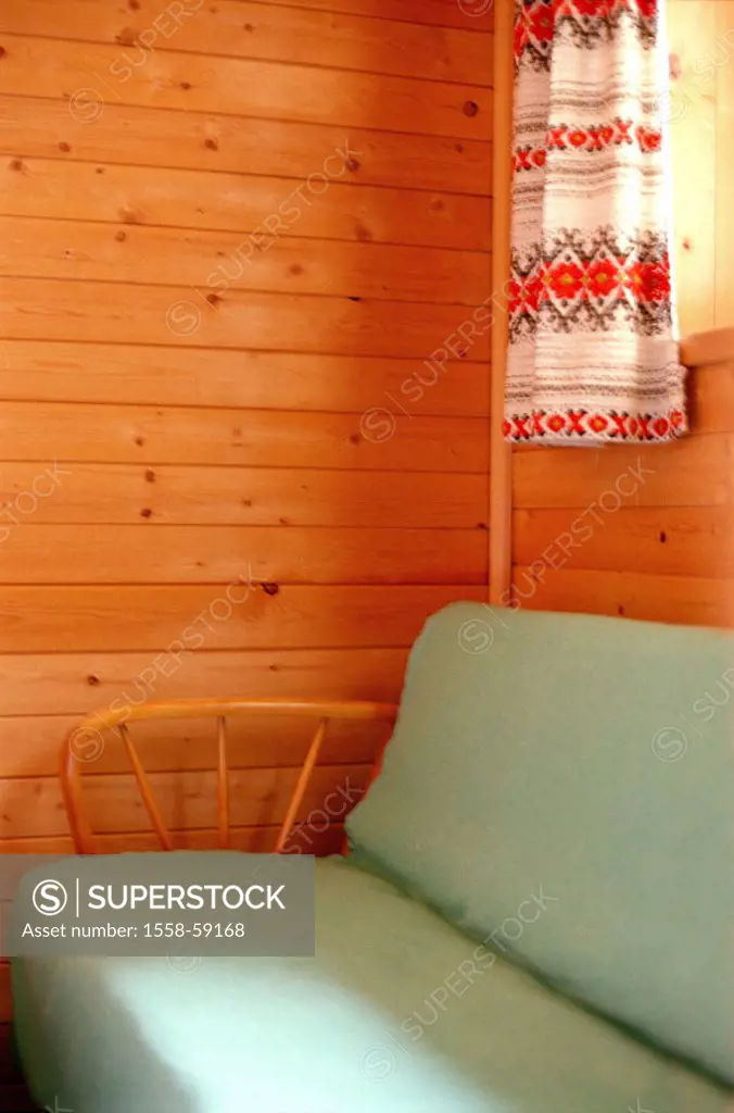 Ski hut, living space, sofa, detail,   Cottage, housing, mountain hut, lounge, canape, couch, wood wall, Holzvertäfelung, rural, furniture, simply, si...