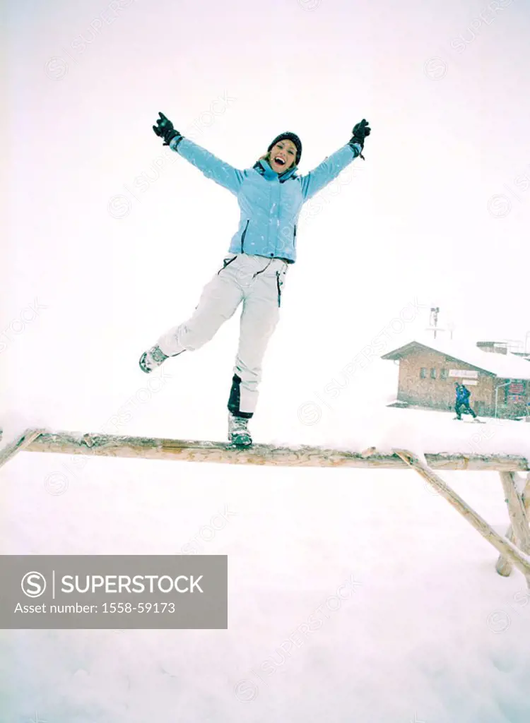 Wood beams, woman, scream, balances,  Winter clothing, snow,  Cottage, ski hut, mountain hut, hillside, beams, snow-covered, season, winters, 22 years...