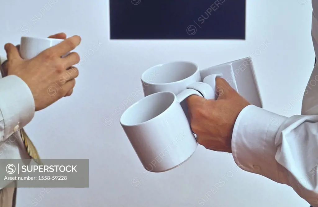 Businessmen, conversation,,  Coffee cups, holds, detail  Men, two, colleagues, co-workers, business, office, overtime, Meeting, discussion, work, leng...