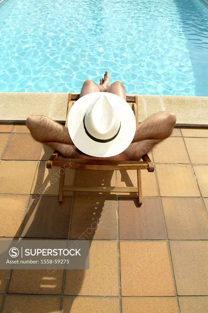 Pool edge, deck chair, man, hat,,  relaxen, back opinion  Series, Swimmingpool, pool, basin edge, water, recuperation, relaxation, rests, sunbathes, s...