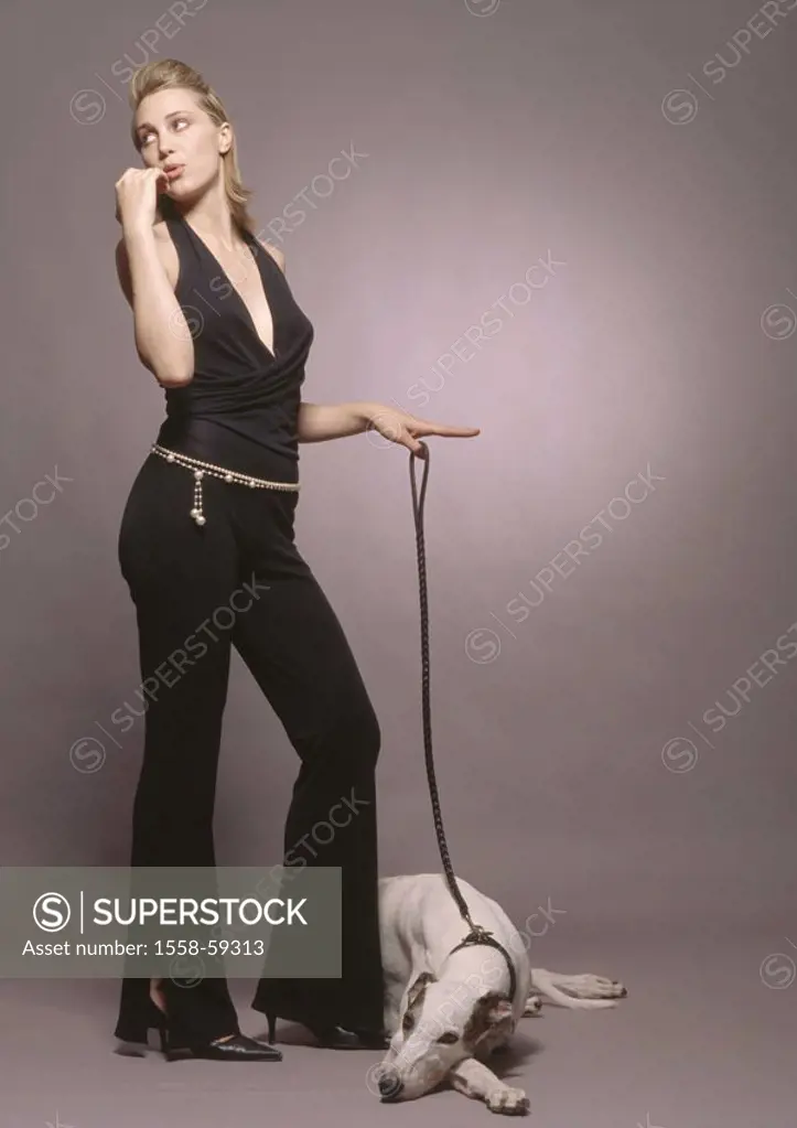 Woman, elegantly, Greyhound, rope,  not freely and following Großflächenplakatierung young, blond, clothing black, dog, greyhound, pet, house dog, acc...