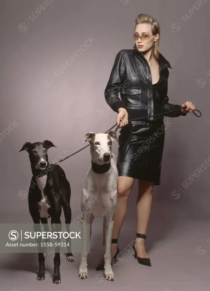 Woman, elegantly, Greyhounds, rope,  not freely and following Großflächenplakatierung young, blond, clothing black, leather outfit, outfit, Miniskirt,...