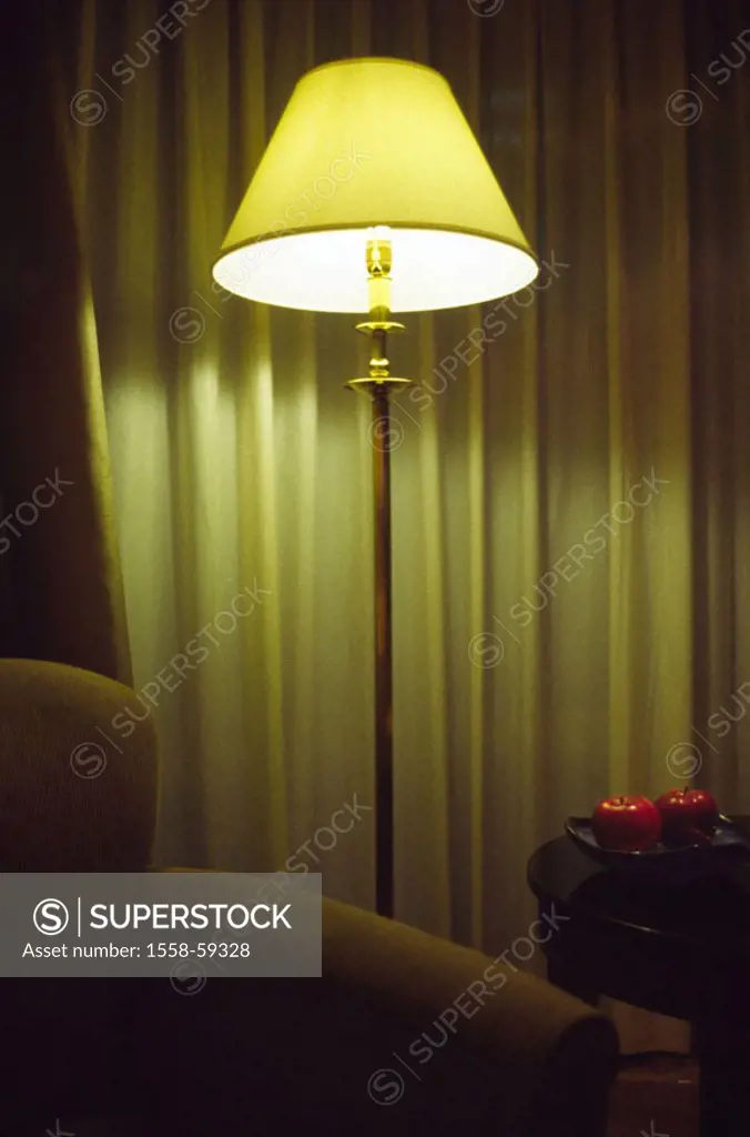 Hotel rooms, Stehlampe, chairs,  Beistelltisch, detail,  Lamp, lampshade, curtain, curtain, little table, apples, hotel, upholsteries, armchairs, ligh...