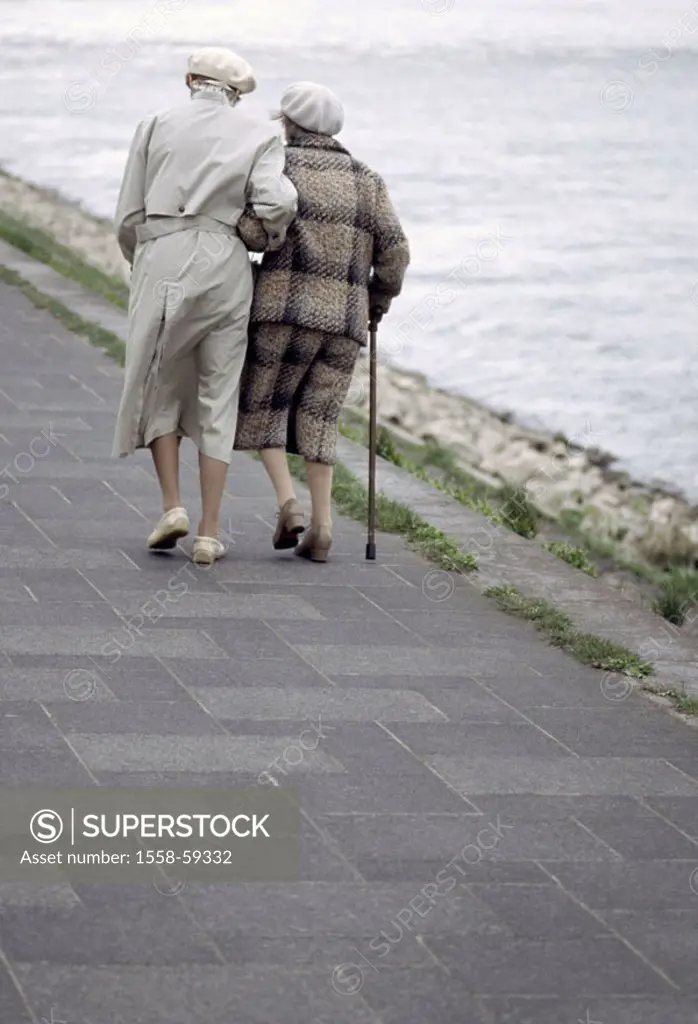 Riparian promenade, seniors, arm in arm, Gehstock, walk,  Move opinion Persons out for a walk, women, friends, two, old, ages, cane, trenchcoat, beret...
