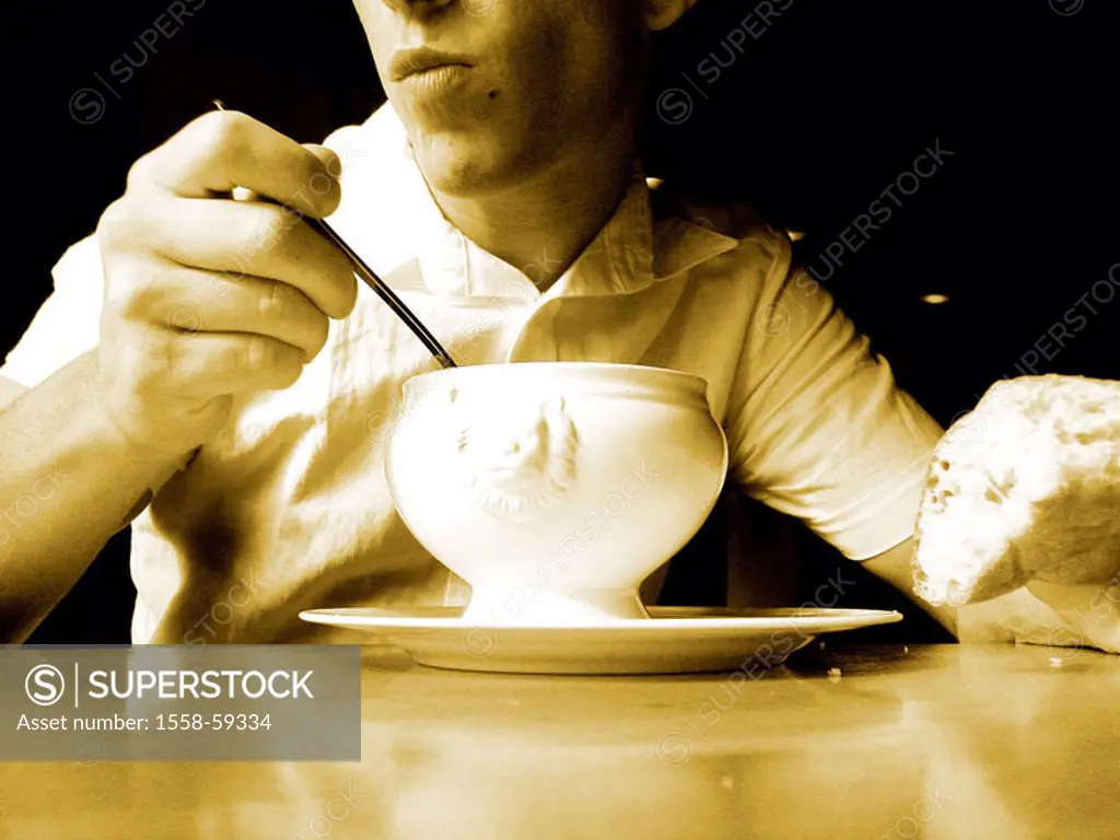 Man, eats, soup tureen, bread,  s/w sepia  Gastronomy, restaurant, pub, restaurant, table, guest, young, 25 years, looks, sidelong glance, hunger, app...