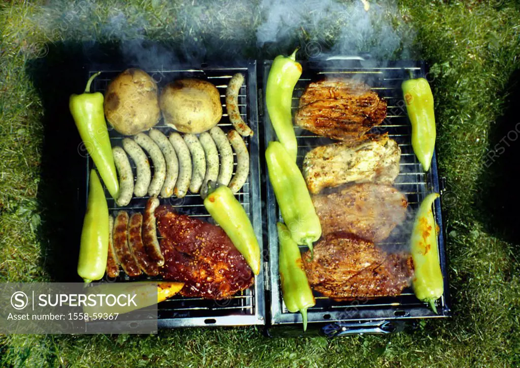 Meadow, grill, meat, sausages, potatoes,  Peppers, from above  quietly life, food, food, food, meat, meat court, grill meat, grill sausages, grills, p...