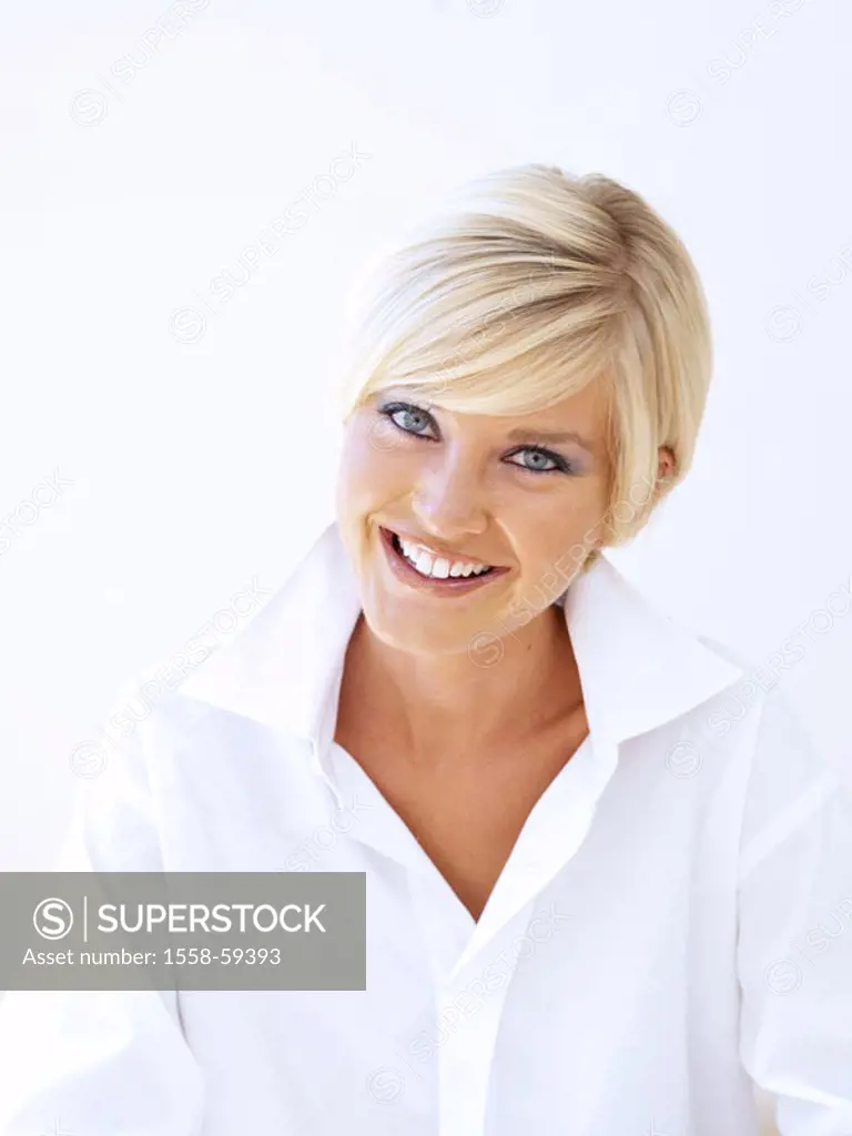 Woman, young, blond, cheerfully, portrait   short-haired, eye color blue, made up, makeup, blouse, mood, positively, happily, cheerfully, kindly, aler...