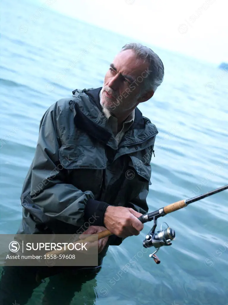Waters get along sea, senior,, fishes  Man, 50-60 years, 60-70 years, grey-haired, jacket,  Angler clothing, fisher clothing, anglers, fishers, fishin...