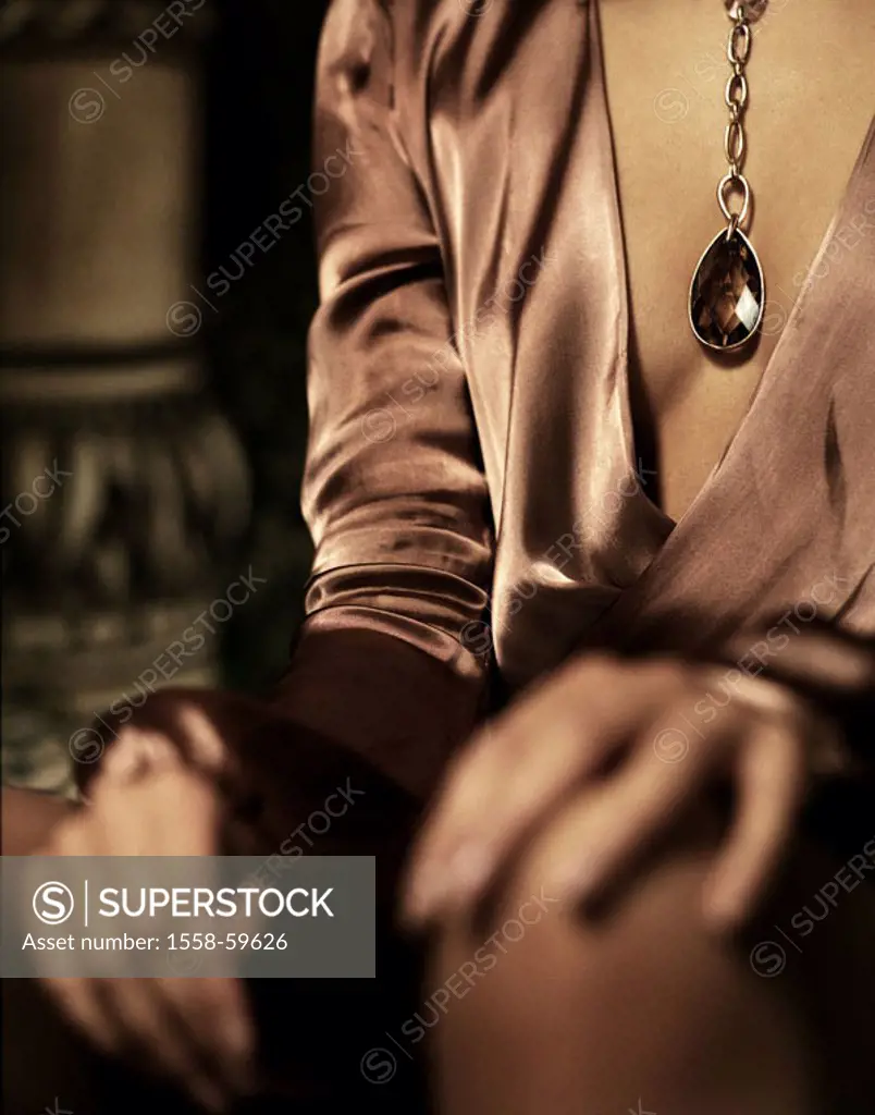 Woman, dress, decollete, necklace,, Jewelry stone, detail,  young, sits, top, material, silk, shines, soft, shine, chain, gold chain, supporters, chai...