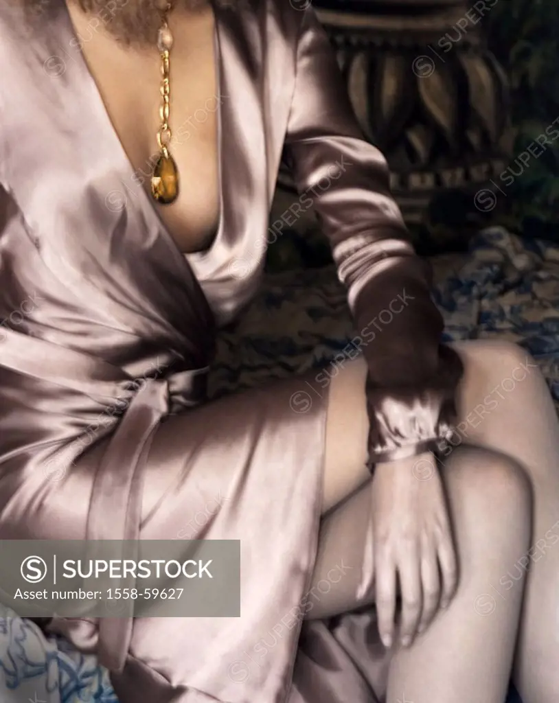 Woman, dress, decollete, necklace,, Jewelry stone, detail,  young, sits, silk dress, material, silk, shines, soft, shine, chain, gold chain, supporter...