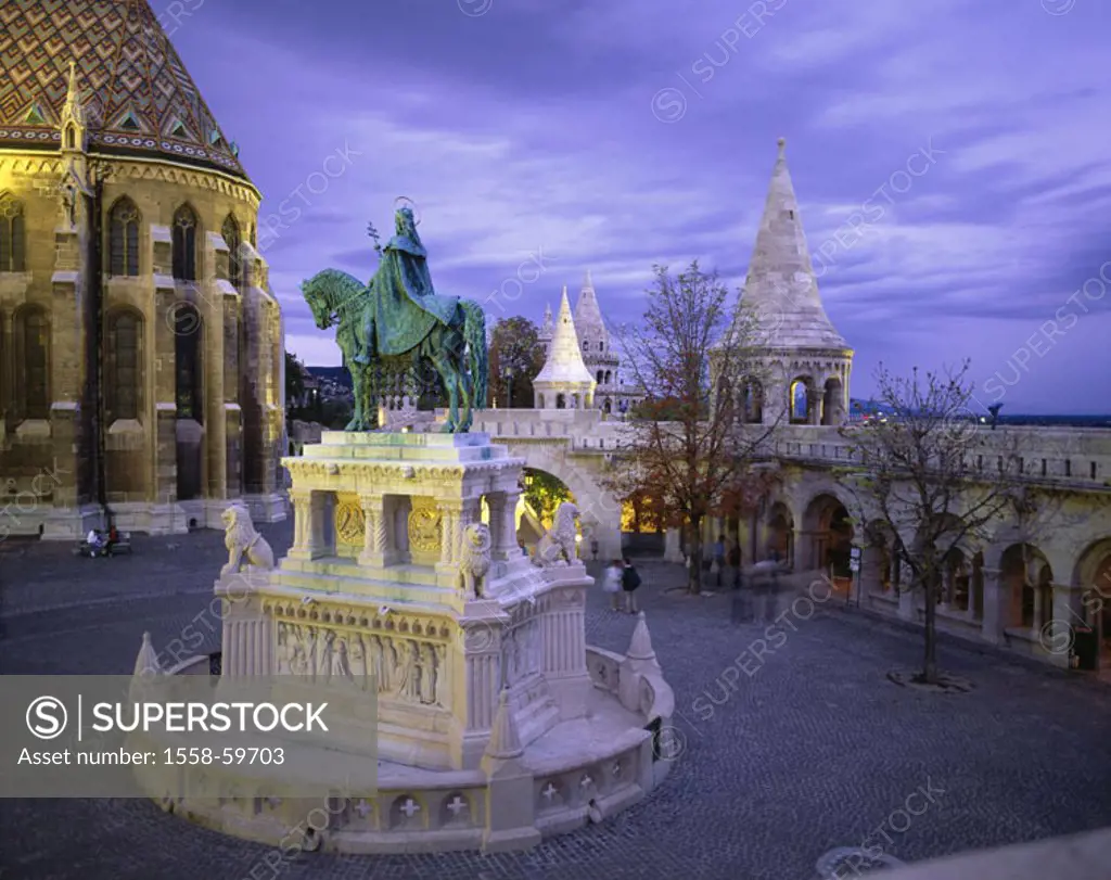 Hungary, Budapest, fisher bastion, statue,  King Stephan I, twilight,  Illumination Europe, Central Europe, Magyar Köztársaság, city, capital, Halaszb...