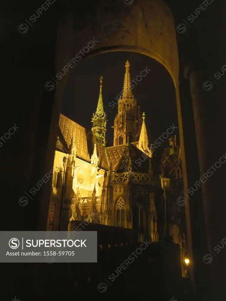 Hungary, Budapest, Fischerbastei,  Matthias church, illumination, evening  Europe, Central Europe, Magyar Köztársaság, city, capital, Halaszbastya, Bu...