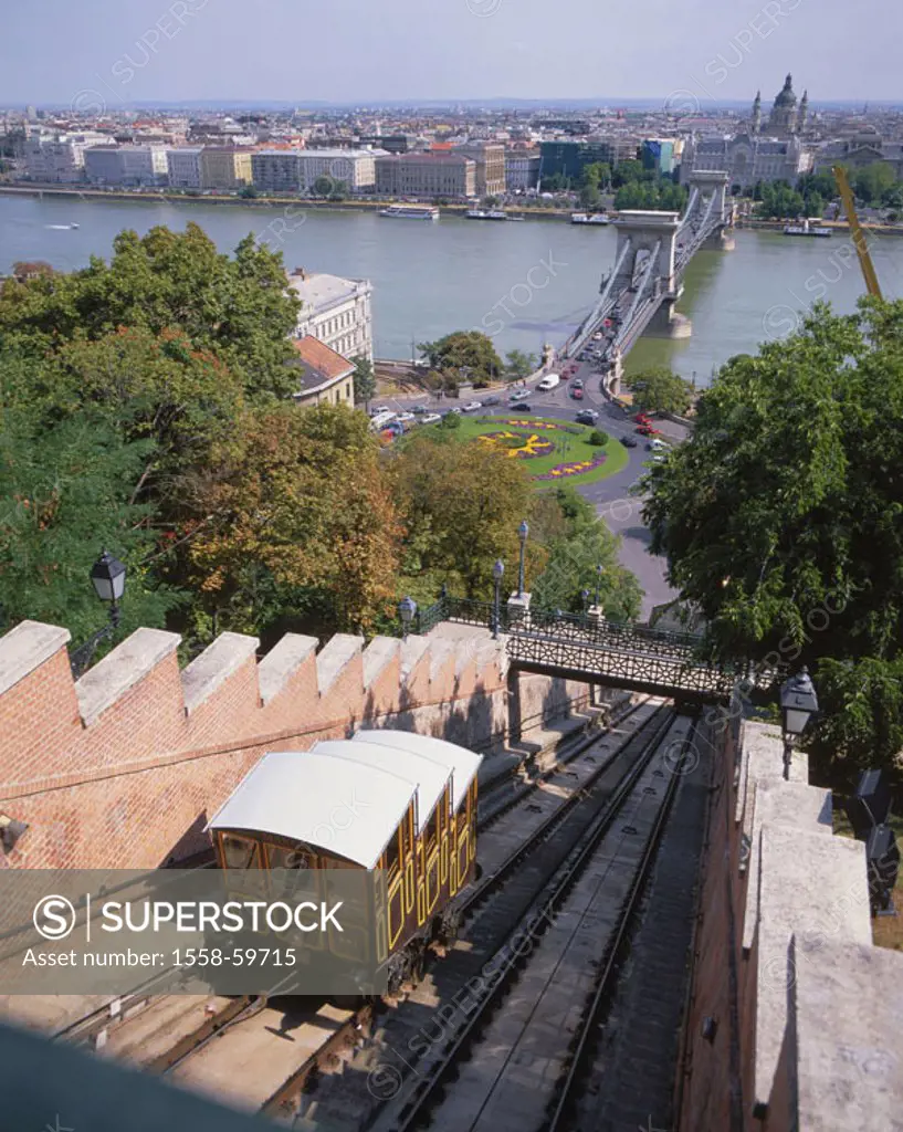 Hungary, Budapest, view at the city,   bridge, stand, cable railway, river Danube Europe, Central Europe, Magyar Köztársaság, city, capital, sight, la...